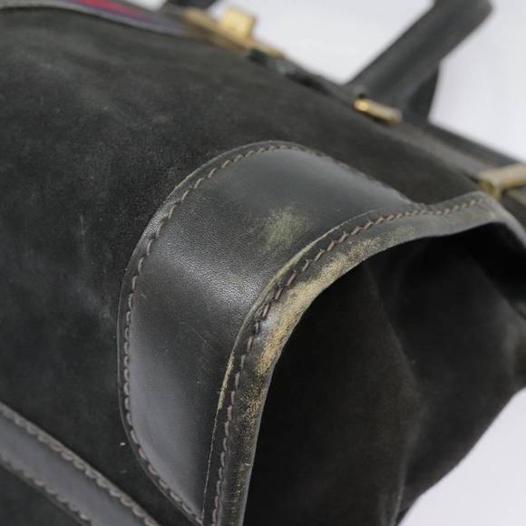 GUCCI Sherry Line Hand Bag Suede Leather Navy Red gold Auth yk14885 - Picture 14 of 16